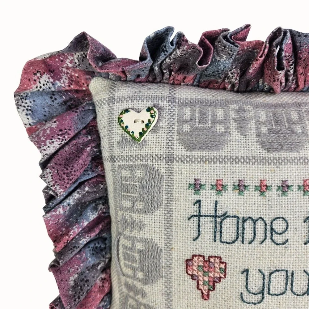Shepherds Bush Home Heart Cross Stitch COMPLETED Pillow Buttons Family Stitching